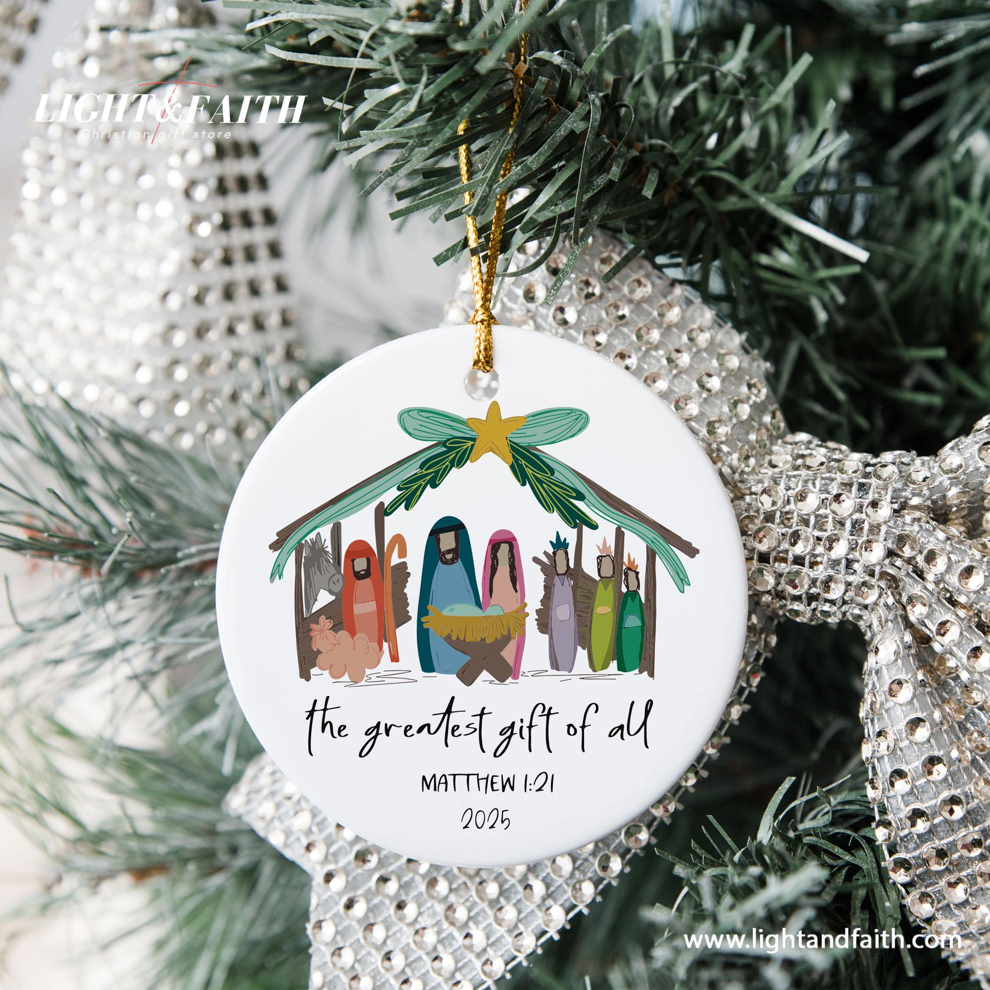 Nativity Scene Christmas Ornament, Christian Holiday Decoration, Greatest Gift of All Matthew 1:21, Religious Xmas Tree Decor 2025 DCLAF30